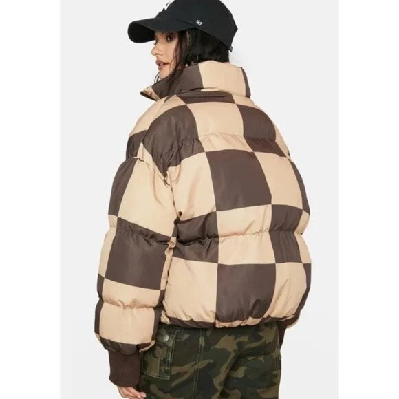 Edikted Checkerboard Puffer Jacket Womens Size S Brown & Beige Zipper Closure - Picture 9 of 9